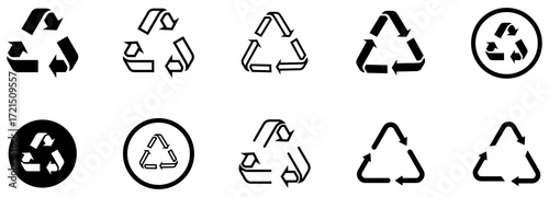 Set of recycle icon on white background. Eco-friendly icon collection. A clean set of recycle triangle icons with arrows for eco, waste, and sustainability projects. recycle, recycle icon, recycling, 