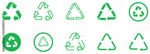 Simple recycling icon set, green mobius loop arrows on white background. Clean recycle triangle icon set with arrows foe eco projects. recycle, recycle icon, recycling, arrow, cycle, reduce,  vector