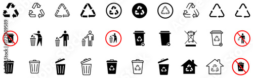 Recycle, trash can, trash bin icon collection. Recycle and trash bin icon set for eco waste management. recycle, trash, bin, electrical waste, can, recycling, dump, dustbin, delete, junk, vector