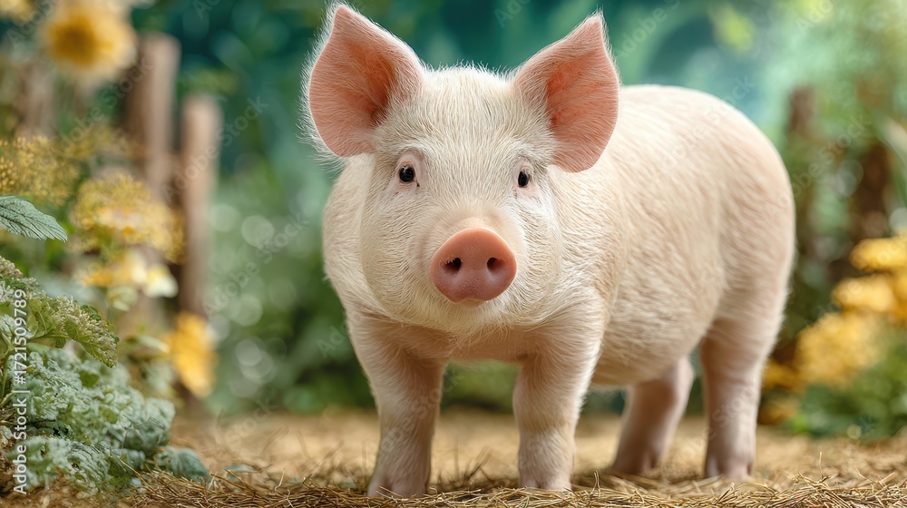 Fototapeta premium Cute piglet stands on hay in a lush garden surrounded by flowers and greenery during a sunny afternoon