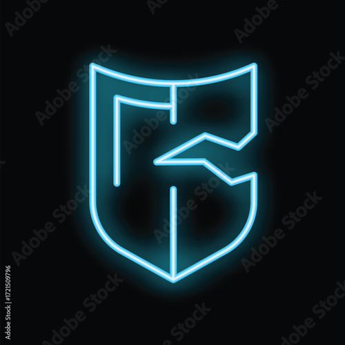Neon blue cracked shield is glowing on a black background, representing the concept of cyber security breach