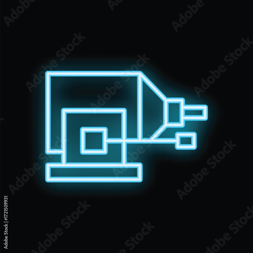 Blue glowing neon icon of an oil drilling rig machine extracting oil on a black background