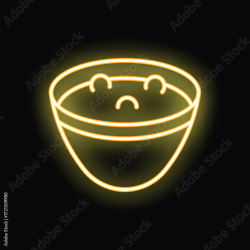 Simple yellow neon icon of a bowl with a sad face, perfect for projects related to food, restaurants, and emotions