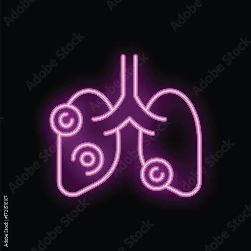 Glowing neon line icon of lungs showing virus or bacteria