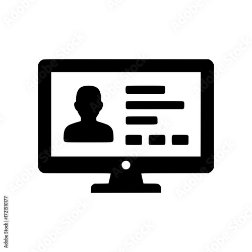 Computer monitor displaying user profile information and data interface icon