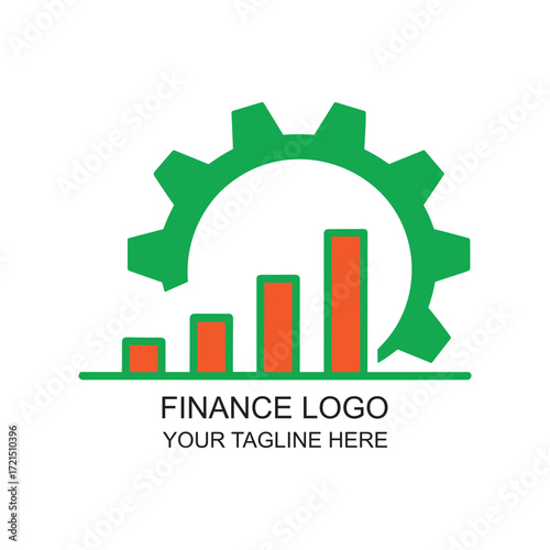 Finance Logo with Orange Bar Chart and Green Gear, Modern Industrial Style