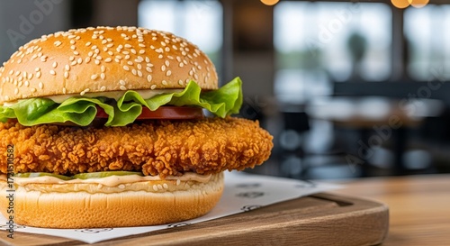 Delicious crispy chicken sandwich with fresh lettuce and creamy sauce on a sesame bun, perfect for a tempting fast food menu or restaurant promotion