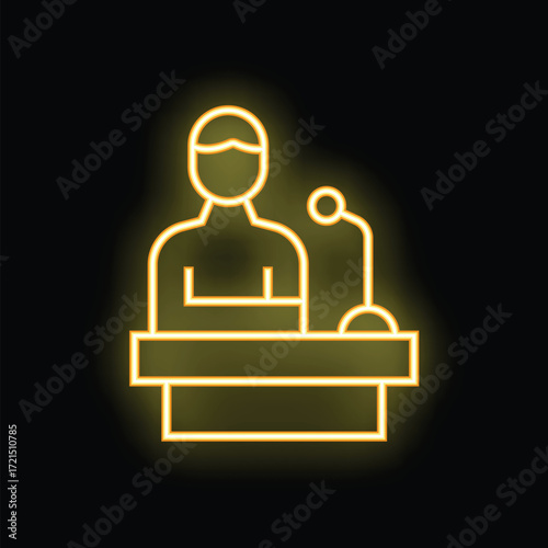 Yellow neon sign depicting a politician making a speech from a tribune with a microphone