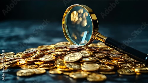 Magnifying glass over a pile of gold coins, symbolizing wealth and investigation.