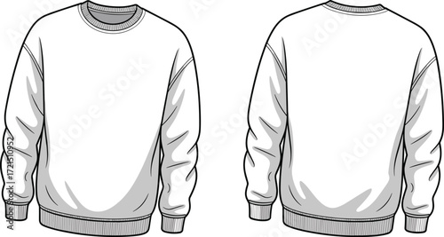 Blank crewneck sweatshirt front and back mockup, unisex casual pullover clothing template, fashion design illustration for branding, printing, advertising