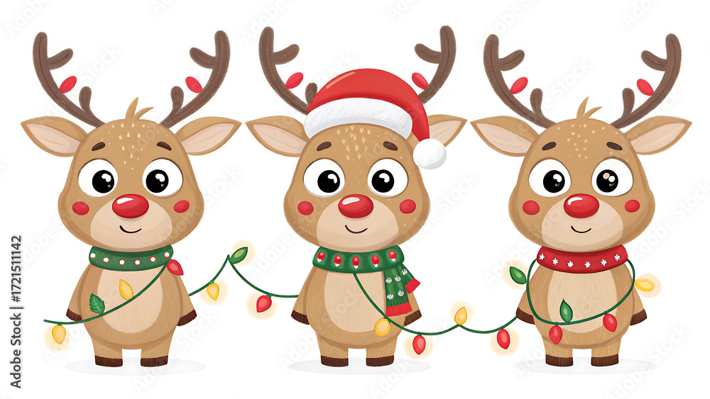 Obraz premium Three adorable cartoon reindeer wearing scarves and christmas lights for festive holiday celebrations