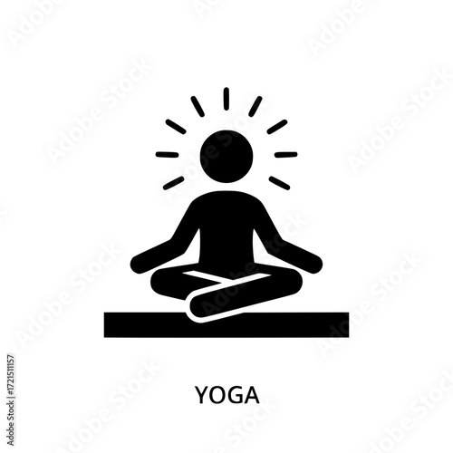 Silhouette of a person meditating in lotus pose with radiating lines above the head yoga icon