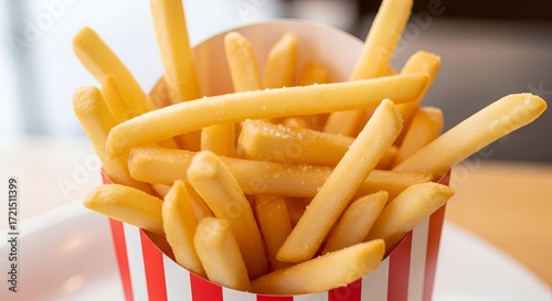 Craving Deliciousness Freshly Fried golden French Fries in a Classic Red and White Striped Container Ready to Eat, Perfect for Fast Food Ad Campaigns