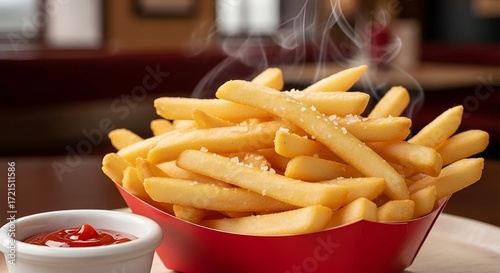 Enjoy hot, crispy french fries sprinkled with salt and a side of ketchup ready to eat anytime, perfect for a tasty snack or quick meal