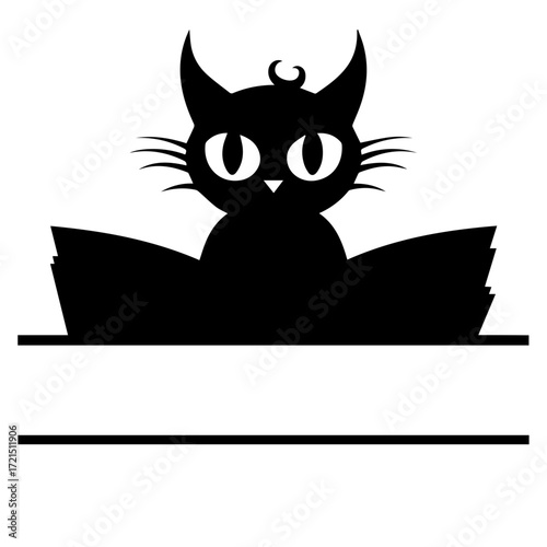 Silhouette of a black cat with pointy ears and whiskers peering over a dark shape with two lines below