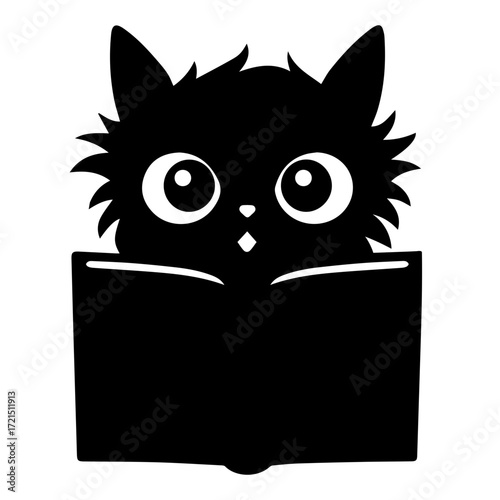 Silhouette of a black cat with big eyes reading a book in black and white illustration style design