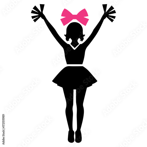 Silhouette of a cheerleader with pink bow and pom poms raising her arms in a cheering gesture pose