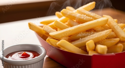 Golden, salty french fries with steam and ketchup ready to delight your tastebuds for lunch, dinner, or late night cravings at a restaurant