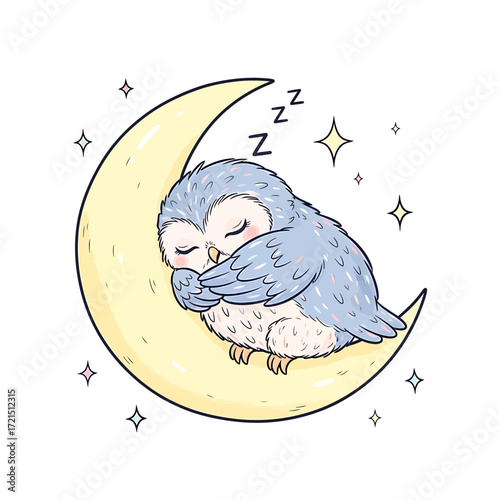 A sweet cartoon owl sleeps soundly on a crescent moon under a starry night sky.