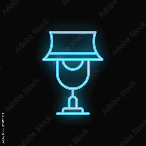 Glowing blue neon sign representing a table lamp, evoking warmth and illumination