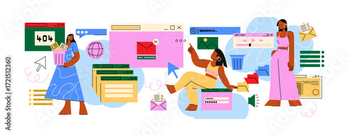 Digital Search Web Icons and Characters Set. Cartoon People Browsing, Internet Search Bar, and Digital Tools in Memphis Style.