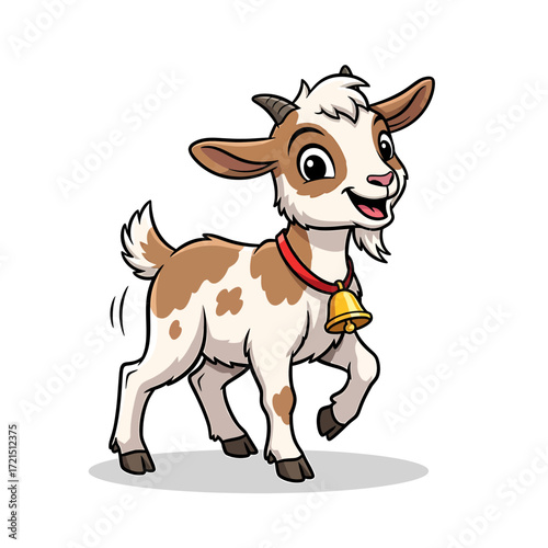 A charming cartoon goat with a bell around its neck and a happy expression.