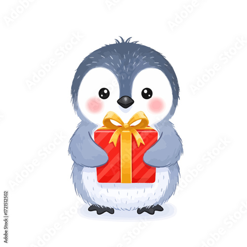 A charming cartoon penguin happily holding a gift box.