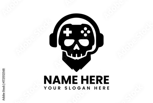 Skull Gamer Logo with Headphones and Controller.