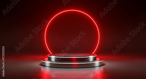 A sleek, metallic podium with a glowing red neon circle behind it, creating a futuristic and vibrant display