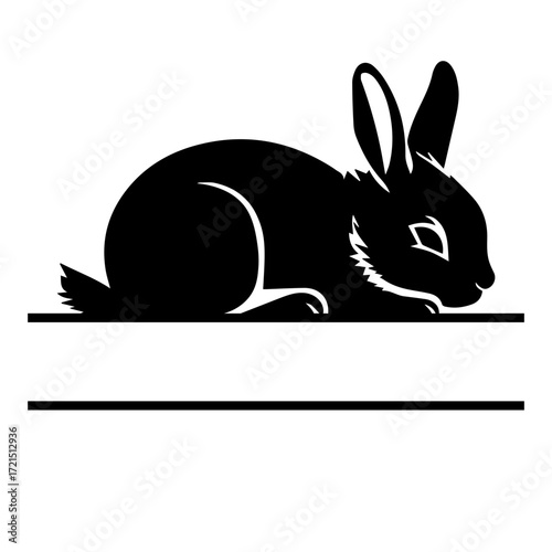 Black silhouette of a rabbit resting above a horizontal line with space for text or customization