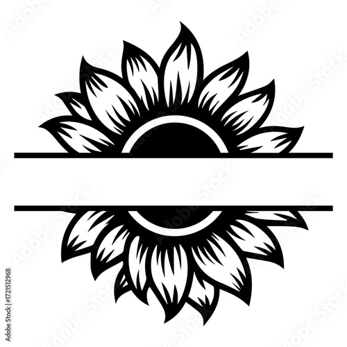 Sunflower split frame design with blank space for text or monogram in black and white vector format