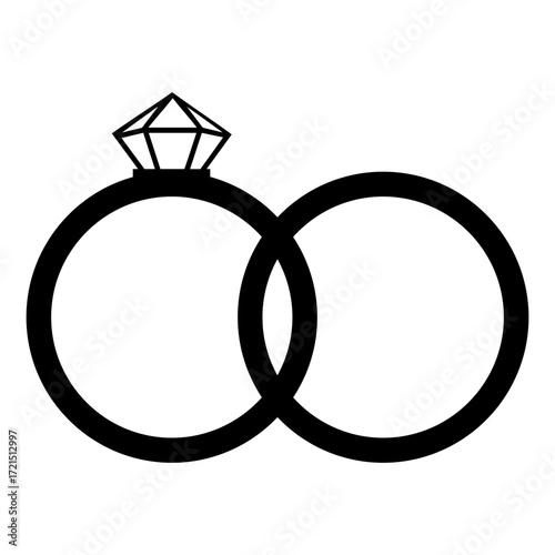 Two interlocking rings with a diamond on one ring symbolizing commitment and eternal love illustration