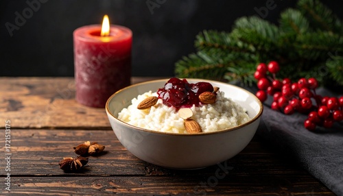 Creamy Risalamande with cherry sauce and almonds, festive holiday setting.