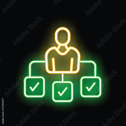 Businessman managing multiple tasks with check marks in neon light style