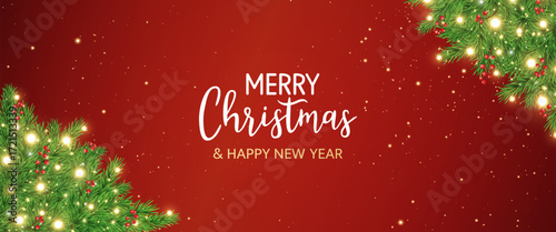 Green fir branches with glitter stars, golden light and berries frame. Merry Christmas garland border. New Year red card. Winter Holiday background. Xmas evergreen plant banner. Vector illustration