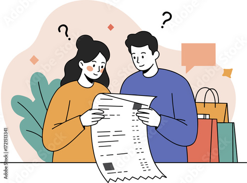 Couple examining shopping receipt with confused expressions in modern store  