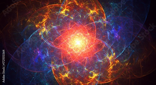 Vibrant abstract fractal artwork depicting a cosmic supernova, a glowing floral pattern of fiery orange and blue energy