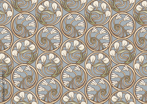 Decorative flowers and leaves in art nouveau style, vintage, old, retro style. Seamless pattern, background. Vector illustration. In art nouveau style, vintage, old, retro style.
