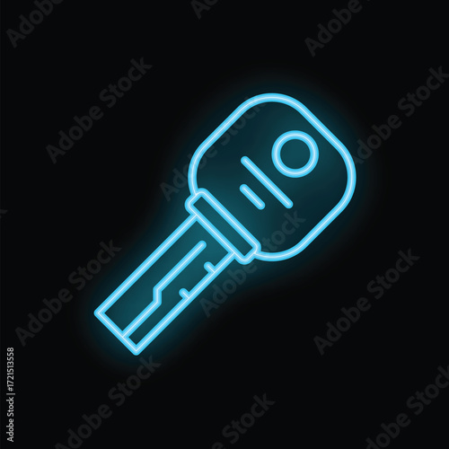Blue neon key glowing on black background representing concepts such as security, access and technology