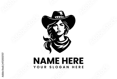 Stylish Black and White Illustration of a Woman in a Cowboy Hat.