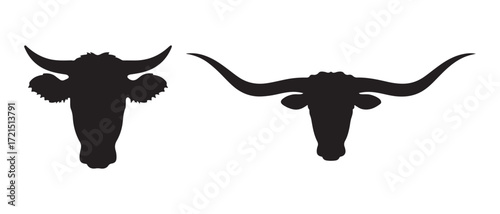 Cow longhorn silhouettes. isolated on white background, in black color, head and horns.