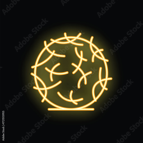 Bright yellow neon sign depicting a tumbleweed, a symbol of the american west and the desert