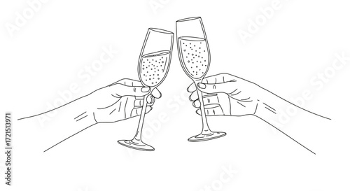 Elegant line art illustration showcasing a toast with champagne flutes in hand