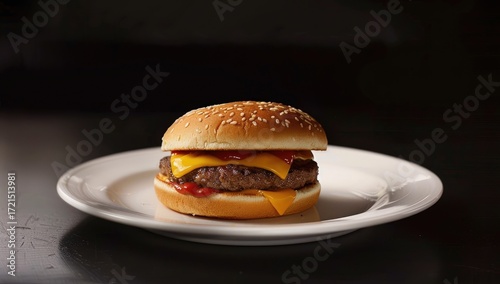 A cheeseburger, nestled in a sesame seed bun and topped with melted cheese and ketchup, sits on a simple white plate against a dark background
