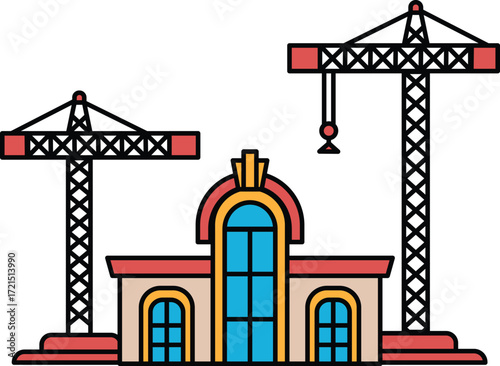 A building with two cranes on top of it