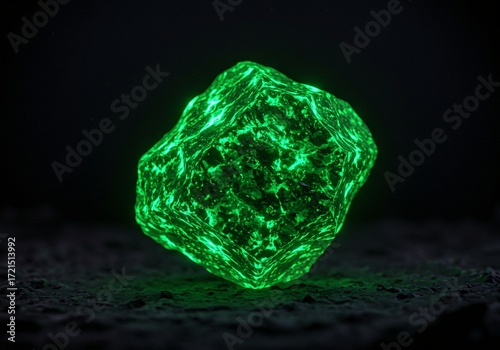 Radioactive element ore glowing with an intense green light in the dark