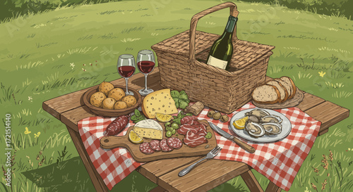 Illustration of a Relaxing Picnic Scene with Wine, Cheese, and Fresh Oysters