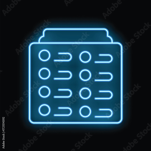 Glowing blue neon icon of a scoreboard on a black background, perfect for sports, competition, and game related designs