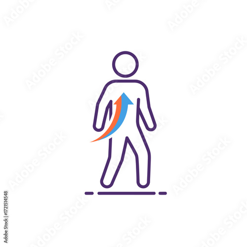 A stylized line art icon depicts a human figure with an upward-curving arrow inside, symbolizing personal growth, progress, or internal development.
