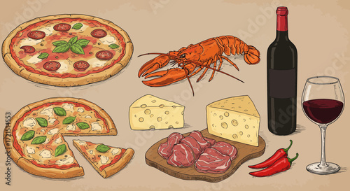 Delicious gourmet spread featuring pizza, lobster, cheese, meat, and red wine